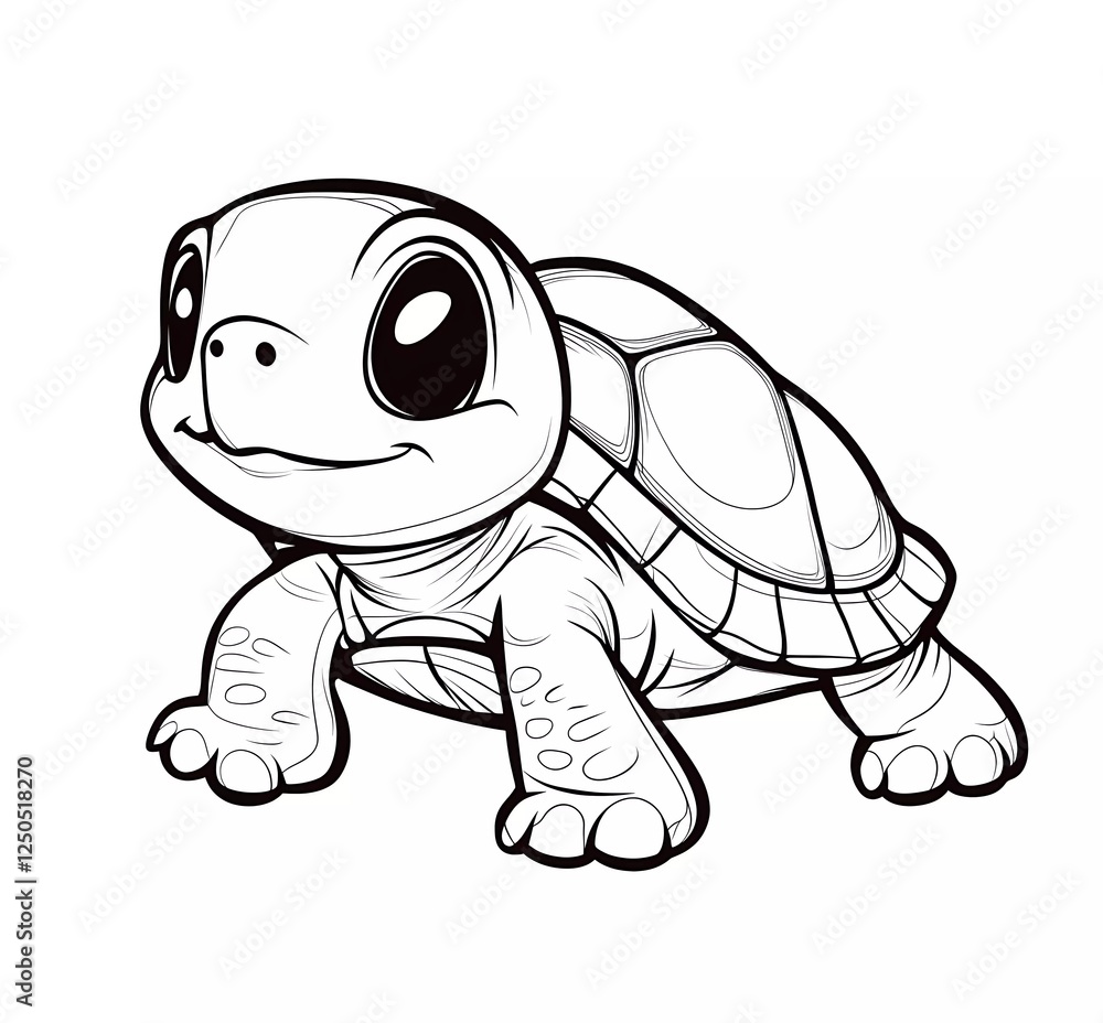 Obraz premium Cute cartoon baby turtle coloring page for kids, simple line art style, white background, clear outline, no dither, no gradient, strong outline, vector illustration, low detail. 