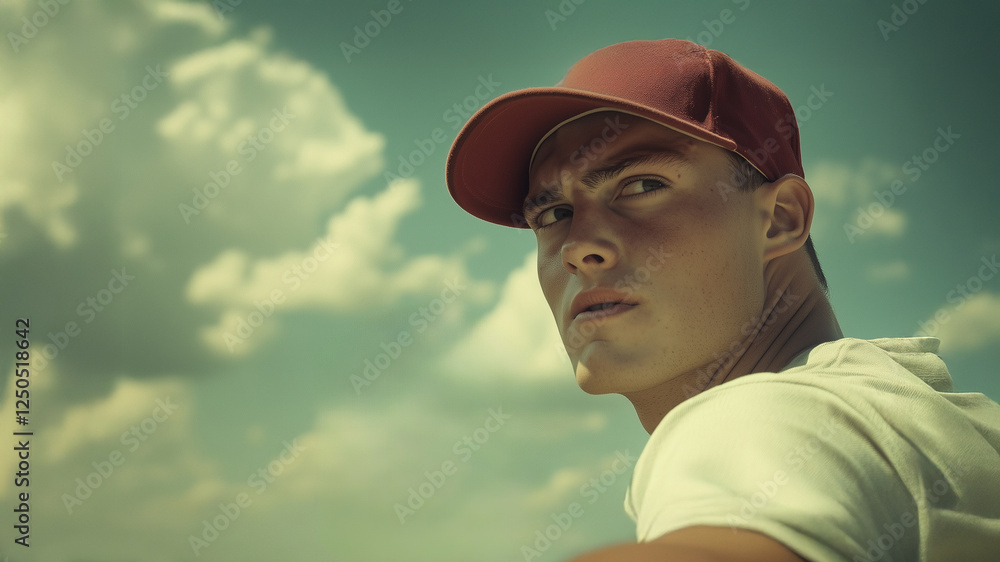 baseball pitcher's determined expression just before winding up to make a pitch, shaking off catchers signs baseball pitcher's determined expression just before winding up to make a pitch, shaking off catchers signs