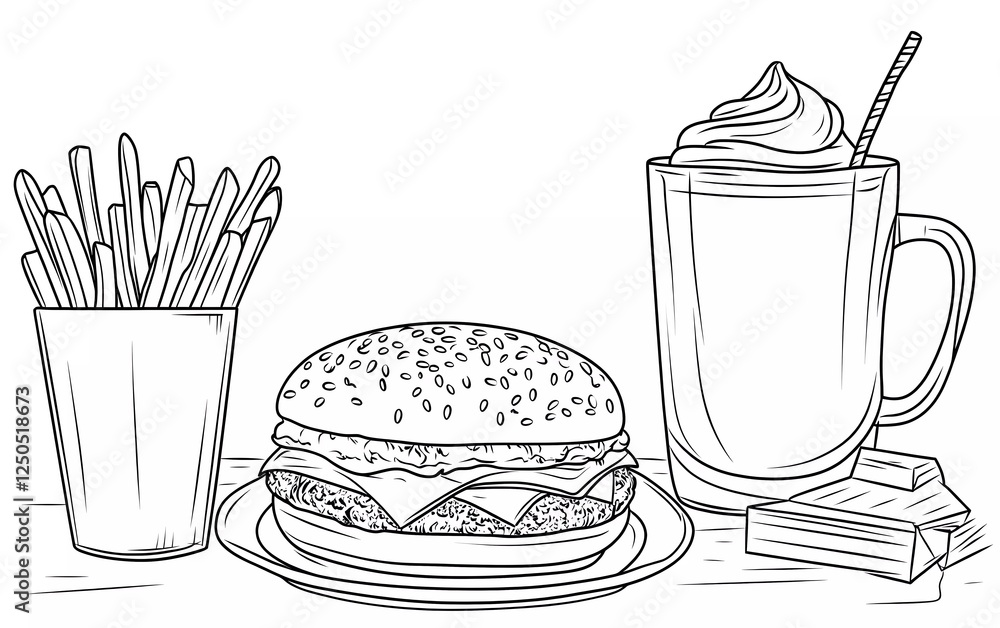 Fast food coloring page, simple line drawing style, vector lines, white background, coloring book illustration for kids, minimalistic drawing with only black and white colors without shadows, only thi Fast food coloring page, simple line drawing style, vector lines, white background, coloring book illustration for kids, minimalistic drawing with only black and white colors without shadows, only thi