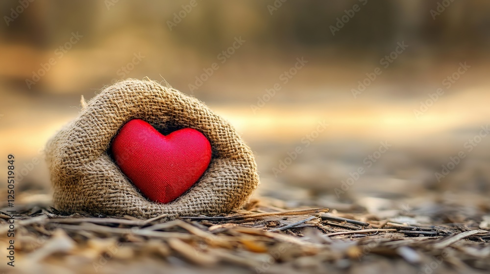 Fototapeta premium Red heart burlap sack forest path love nature