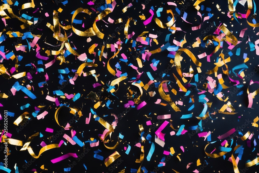 Obraz premium Elegant gold confetti and colorful streamers seamless background design for festive celebrations, parties, events, and special occasion decorations