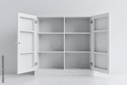 3D Open Empty White Cabinet With Shelves