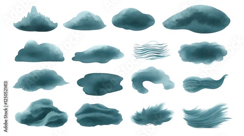 Teal watercolor cloud shapes; design elements; white background; graphic design
