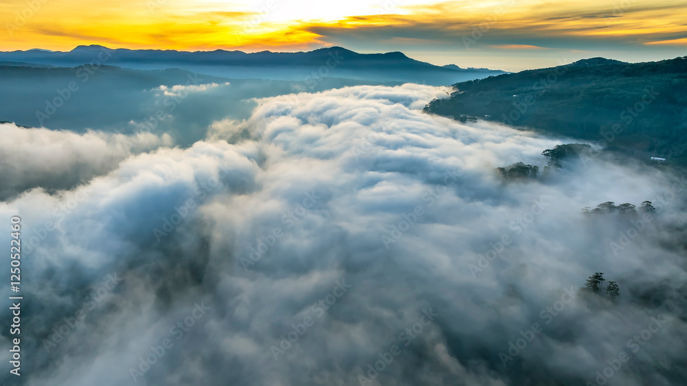 Aerial view of the town mist in the sunrise sky is beautiful in the highlands of Da Lat, Vietnam Aerial view of the town mist in the sunrise sky is beautiful in the highlands of Da Lat, Vietnam