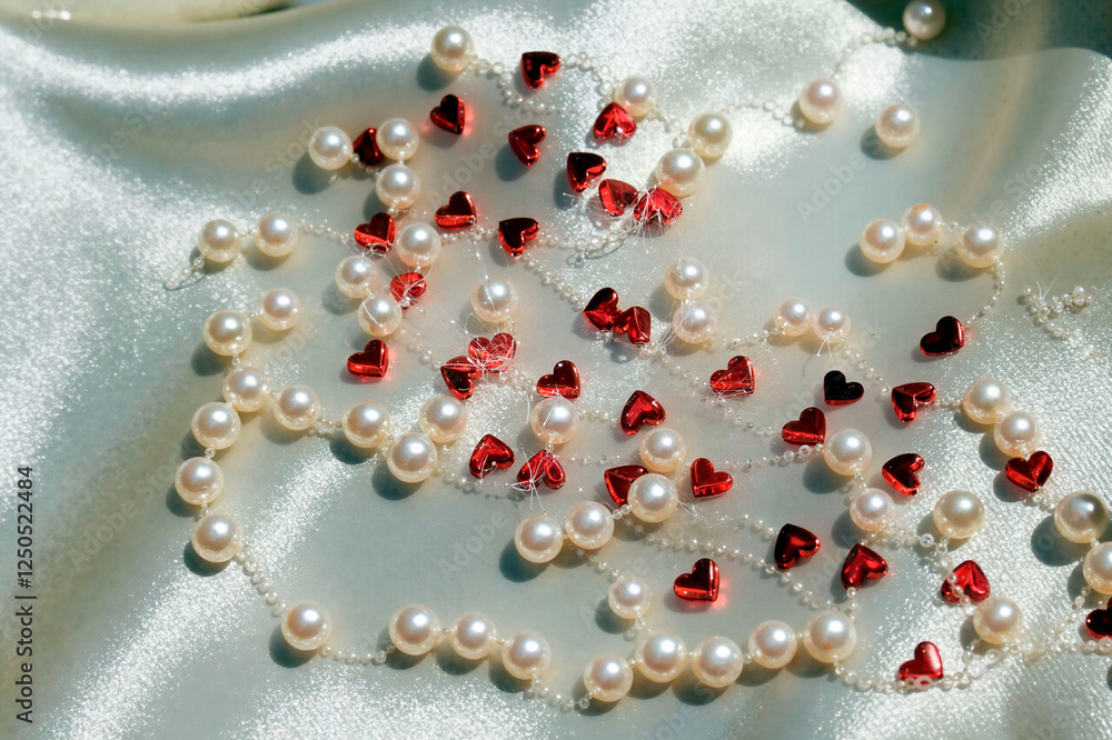 Red heart-shaped beads and white pearls scattered on a silky fabric background
Red heart-shaped beads and white pearls scattered on a silky fabric background