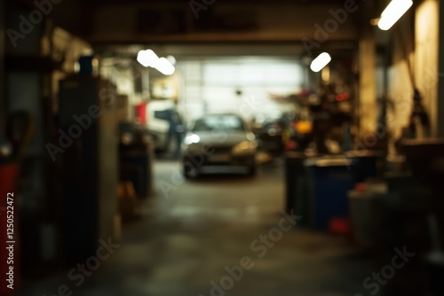 Wallpaper Mural Blurred auto repair shop interior with car. Torontodigital.ca
