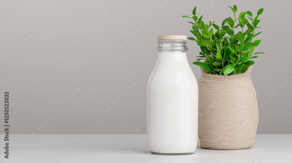 A glass milk bottle stands next to a small potted plant on a neutral background, creating a fresh and clean aesthetic. A glass milk bottle stands next to a small potted plant on a neutral background, creating a fresh and clean aesthetic.