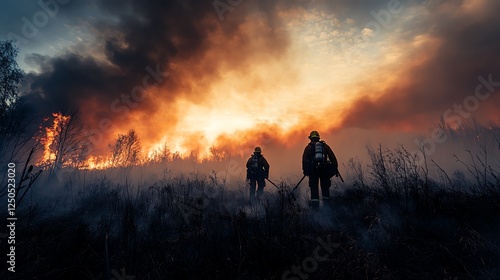 Wallpaper Mural Firefighters battle a wildfire under a dramatic, smoky sky, showcasing their bravery amidst the chaos of flames and smoke. Torontodigital.ca