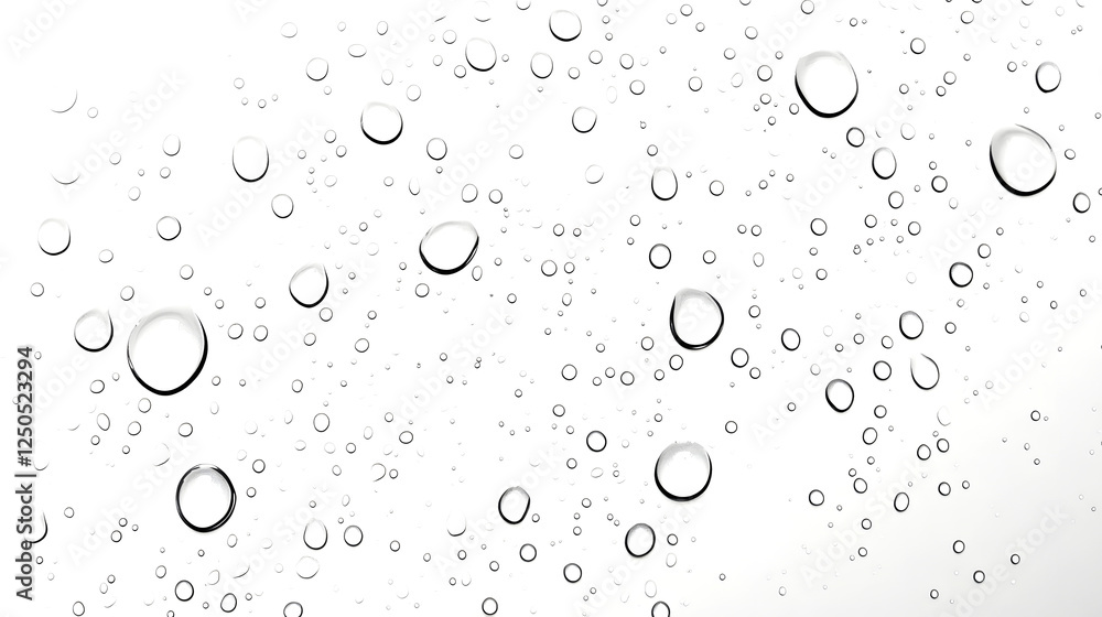 Isolated Transparent Water Droplets Resting on Clean White Background with Reflection and Minimalist Aesthetic Isolated Transparent Water Droplets Resting on Clean White Background with Reflection and Minimalist Aesthetic