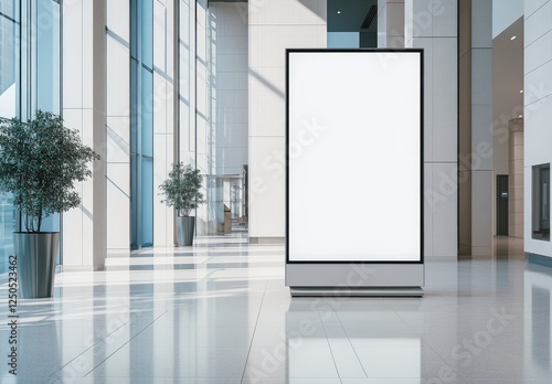 Blank lobby lightbox ad mockup, modern building interior photo