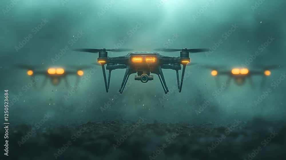 Mysterious black drone hovers silently in a dark gloomy landscape shrouded in thick fog and mist creating an ominous and atmospheric mood Mysterious black drone hovers silently in a dark gloomy landscape shrouded in thick fog and mist creating an ominous and atmospheric mood