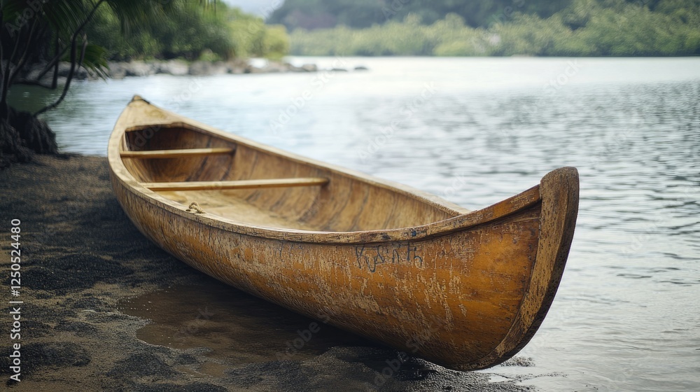 A serene wooden canoe rests ashore a tranquil lake under lush greenery A serene wooden canoe rests ashore a tranquil lake under lush greenery