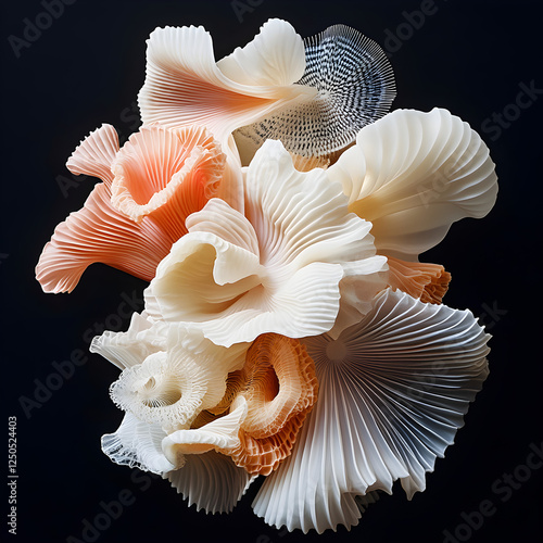 Wallpaper Mural 3D-printed sculptures of flowers, in a coral pink and peach color palette, made of translucent plastic, with a minimalistic design and various shapes, against a black background, captured in  Torontodigital.ca
