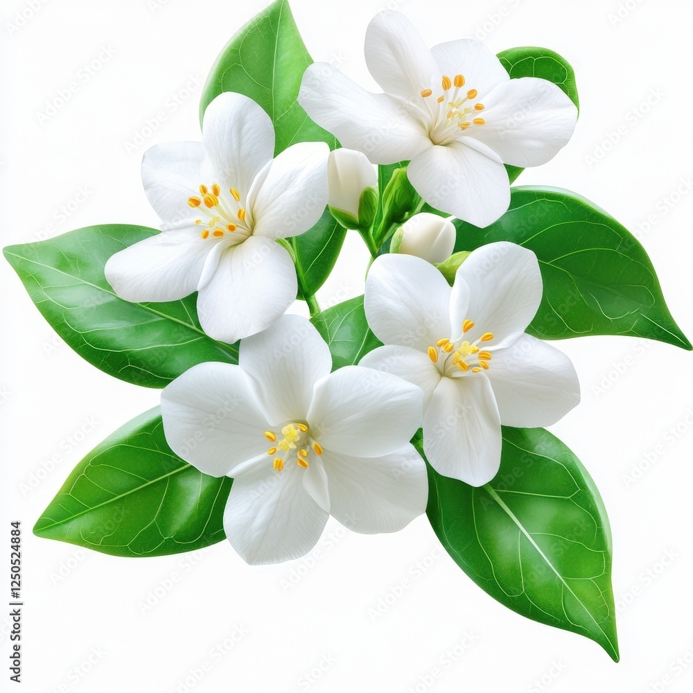 Fototapeta premium Beautiful White Jasmine Flowers with Green Leaves, Perfect for Floral Designs, Botanical Illustrations, and Natural Aesthetics