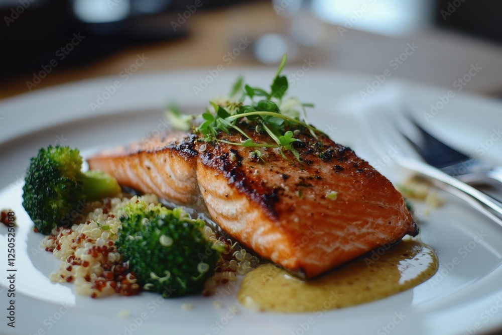 An appetizing close-up of a healthy grilled salmon dish, accompanied by bright green broccoli and quinoa, arranged elegantly on a white plate with a fork and knife on the side. An appetizing close-up of a healthy grilled salmon dish, accompanied by bright green broccoli and quinoa, arranged elegantly on a white plate with a fork and knife on the side.