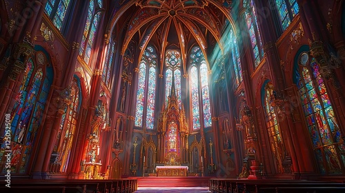 Grand Cathedral Interior with Stained Glass  Worship  Prayer  Light  and Spiritual Ambience