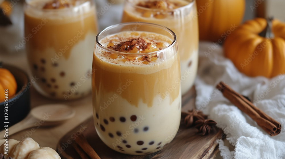 A glass of pumpkin spice latte sits on a wooden table A glass of pumpkin spice latte sits on a wooden table