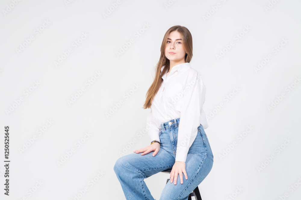 Cute young brunette girl sitting on a chair on a white background. Copyspace Cute young brunette girl sitting on a chair on a white background. Copyspace