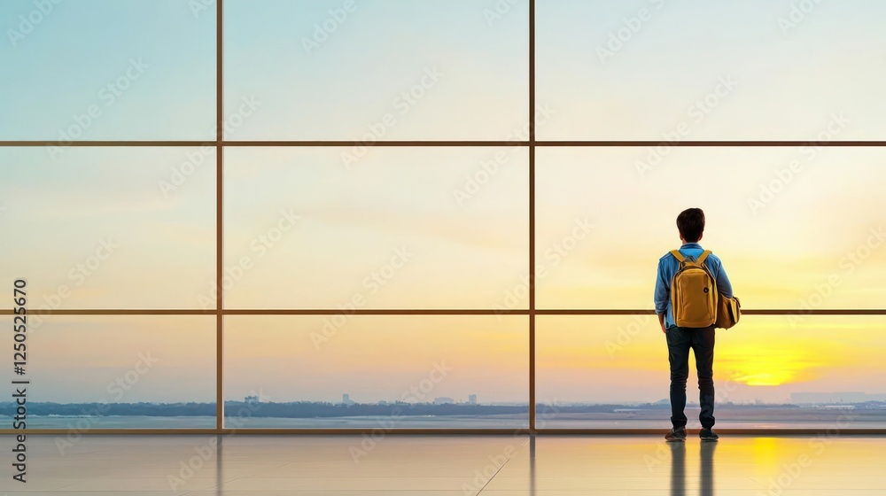 Obraz premium Boy Looking Through Airport Window at Sunset