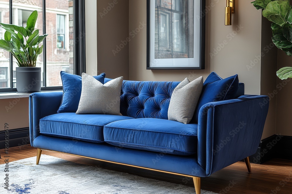 Modern indigo blue velvet sofa with gold frame and legs in an elegant home office interior, combining luxury and contemporary design. Modern indigo blue velvet sofa with gold frame and legs in an elegant home office interior, combining luxury and contemporary design.