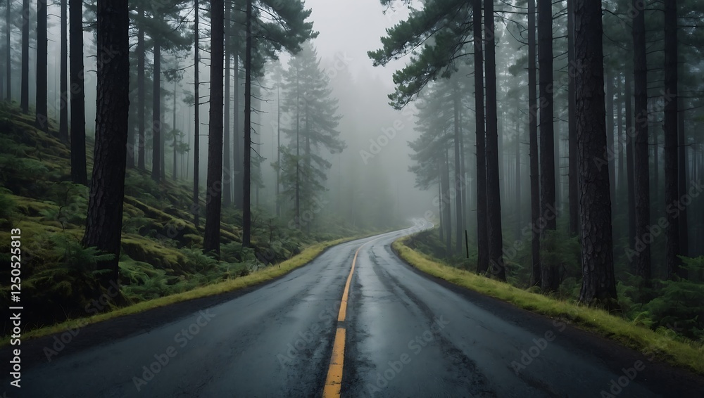 Naklejka premium Winding mountain road through a dense pine forest, enveloped in mist, creating a moody and mysterious atmosphere with depth.