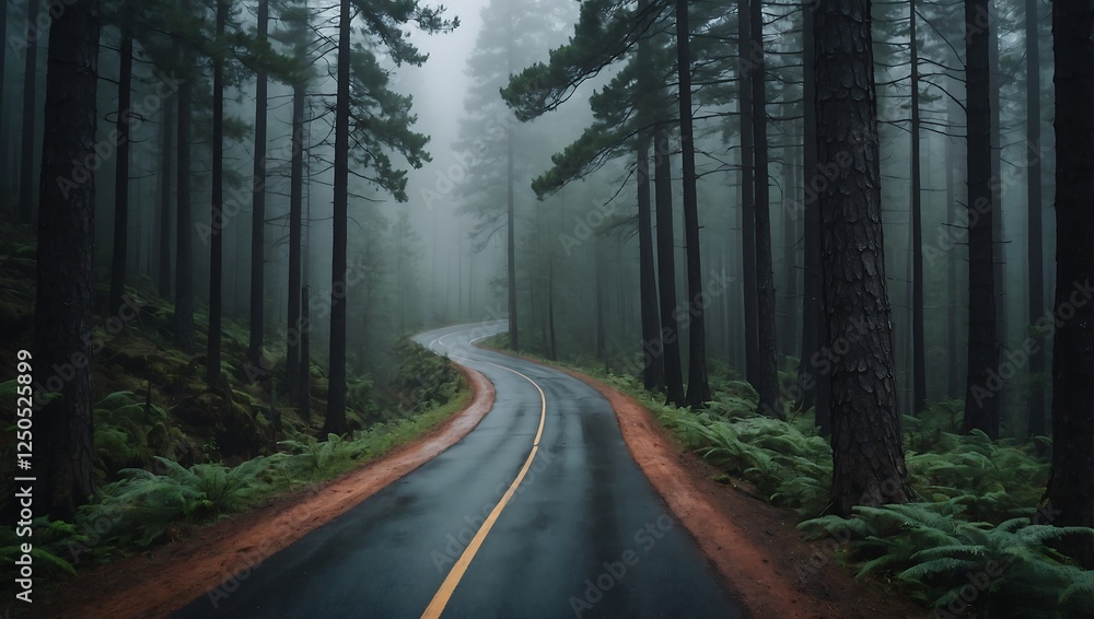 Obraz premium Winding mountain road through a dense pine forest, enveloped in mist, creating a moody and mysterious atmosphere with depth.