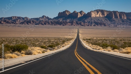 Empty highway stretching into the horizon, surrounded by vast arid desert with dramatic rock formations under clear blue sky.