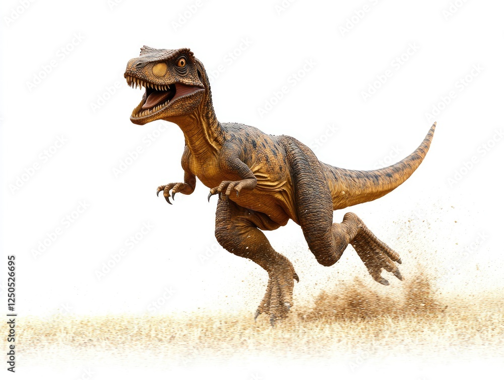 Fototapeta premium Dinosaur Running Energetically on Sandy Terrain in a Natural Landscape Setting