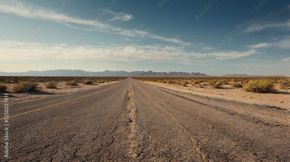 Fototapeta premium Desolate Desert Road Vanishing into Distant Mountains under a Blue Sky