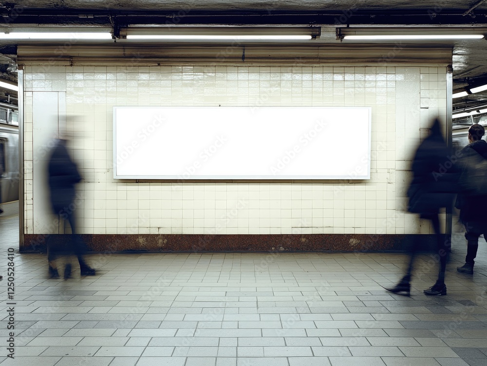 Blank Subway Station Ad, commuters blurred, NYC, advertising mockup