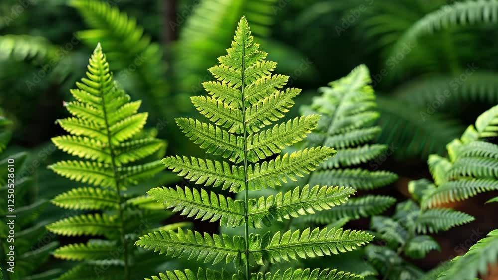 Vibrant fern leaves swaying gently in lush green forest environment Vibrant fern leaves swaying gently in lush green forest environment
