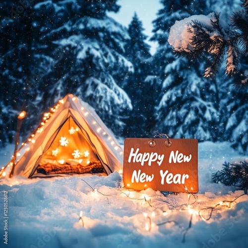 A cozy winter scene with a festive tent and lights, celebrating New Year in nature.
