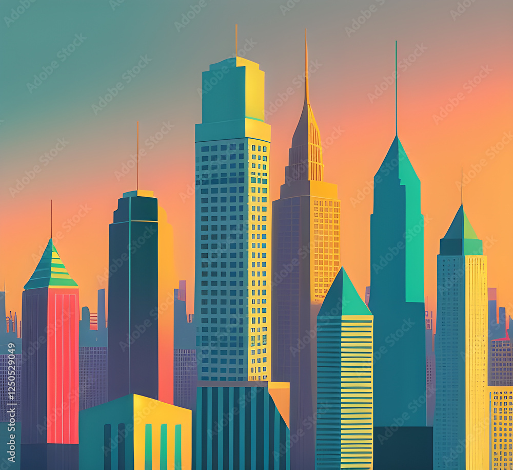 Obraz premium Sunset Cityscape Background. City Buildings Colorful Infrastructure. Monochrome Cityscape With Street. Modern Architecture Panorama In Flat Style. Illustration Horizontal Wallpaper.generative ai