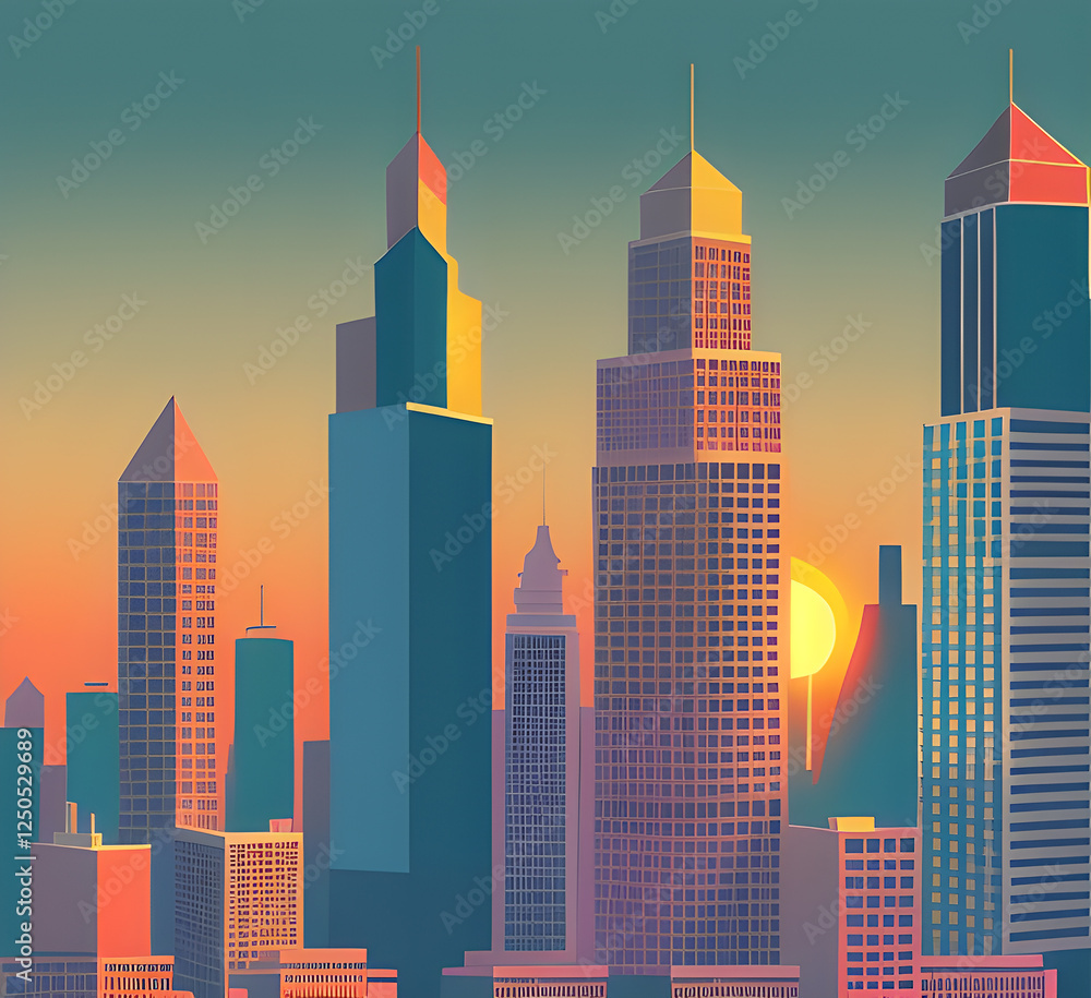 Naklejka premium Sunset Cityscape Background. City Buildings Colorful Infrastructure. Monochrome Cityscape With Street. Modern Architecture Panorama In Flat Style. Illustration Horizontal Wallpaper.generative ai