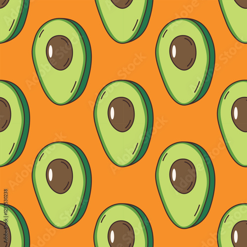 Avocado healthy fruit seamless pattern on orange background hand-drawn doodle vector.