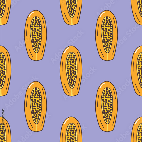Papaya halved healthy fruit seamless pattern on purple background hand-drawn doodle vector.