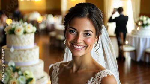 pretty Caucasian bride holding bridal bouquet smiling at wedding ceremony