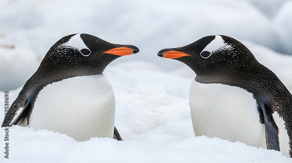 Obraz premium Gentoo Penguins Facing Each Other on Snowy Terrain in a Natural Habitat