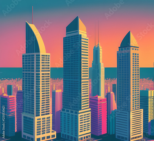Sunset Cityscape Background. City Buildings Colorful Infrastructure. Monochrome Cityscape With Street. Modern Architecture Panorama In Flat Style. Illustration Horizontal Wallpaper.generative ai