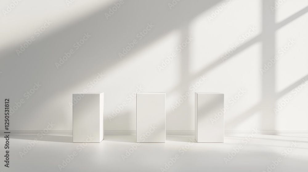 Three minimalist white blocks stand on a bright floor, casting shadows from a window, creating a serene and modern aesthetic.