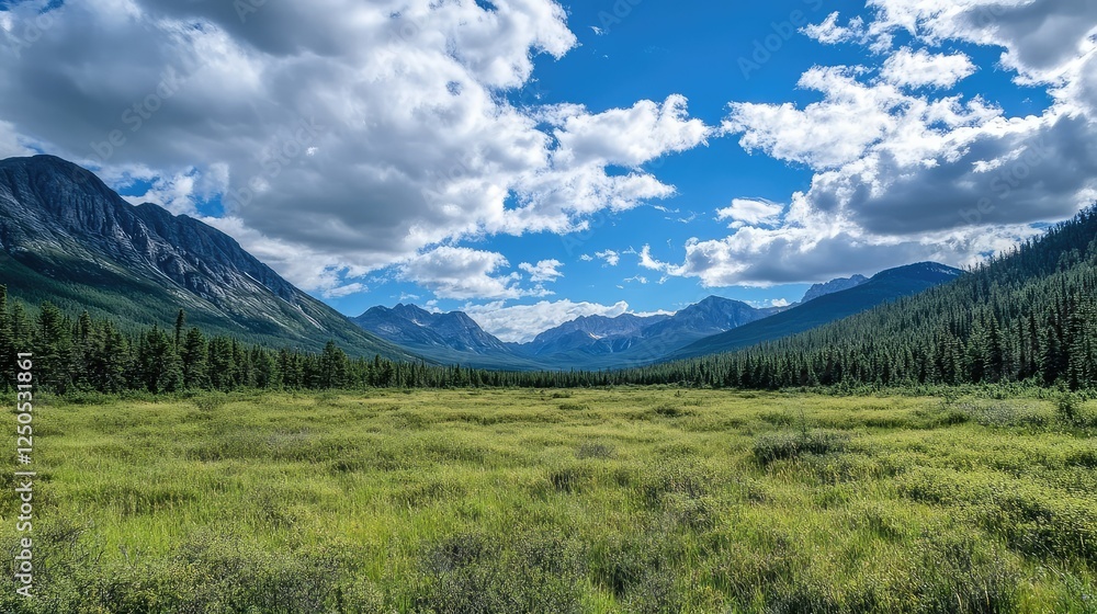 Breathtaking Scenic View of Lush Green Meadow Surrounded by Majestic Mountains and Vibrant Blue Sky with Fluffy Clouds in a Serene Wilderness Landscape Breathtaking Scenic View of Lush Green Meadow Surrounded by Majestic Mountains and Vibrant Blue Sky with Fluffy Clouds in a Serene Wilderness Landscape