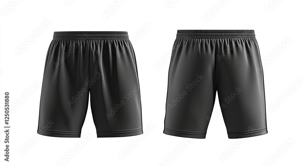Black athletic shorts mockup, front & back views, isolated white background, design template Black athletic shorts mockup, front & back views, isolated white background, design template