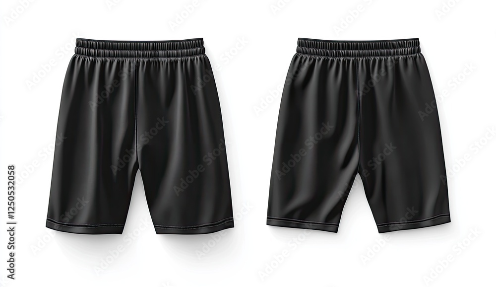 Black athletic shorts mockup, front & back, studio, template Black athletic shorts mockup, front & back, studio, template
