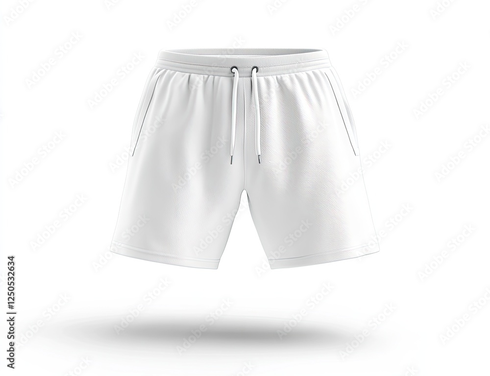 White shorts, drawstring, pockets, studio, mockup, apparel design White shorts, drawstring, pockets, studio, mockup, apparel design