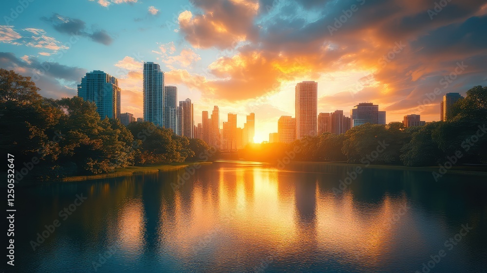 Captivating Urban Sunset Reflected on Serene Water with Modern Skyline and Illuminating Clouds Beneath a Colorful Sky at Dusk in a Lush Park Setting Captivating Urban Sunset Reflected on Serene Water with Modern Skyline and Illuminating Clouds Beneath a Colorful Sky at Dusk in a Lush Park Setting