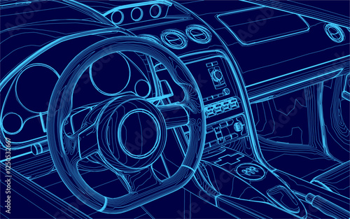 A blue car with a steering wheel and a dashboard. The steering wheel is in the center of the image
