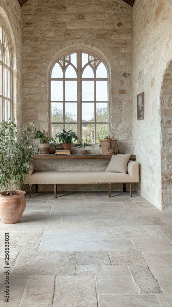 Rustic Stone Hallway with Arch Window and Beige Bench Rustic Stone Hallway with Arch Window and Beige Bench