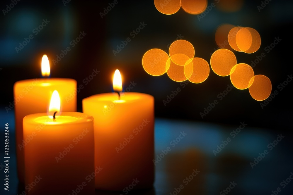 Three burning candles with bokeh lights.