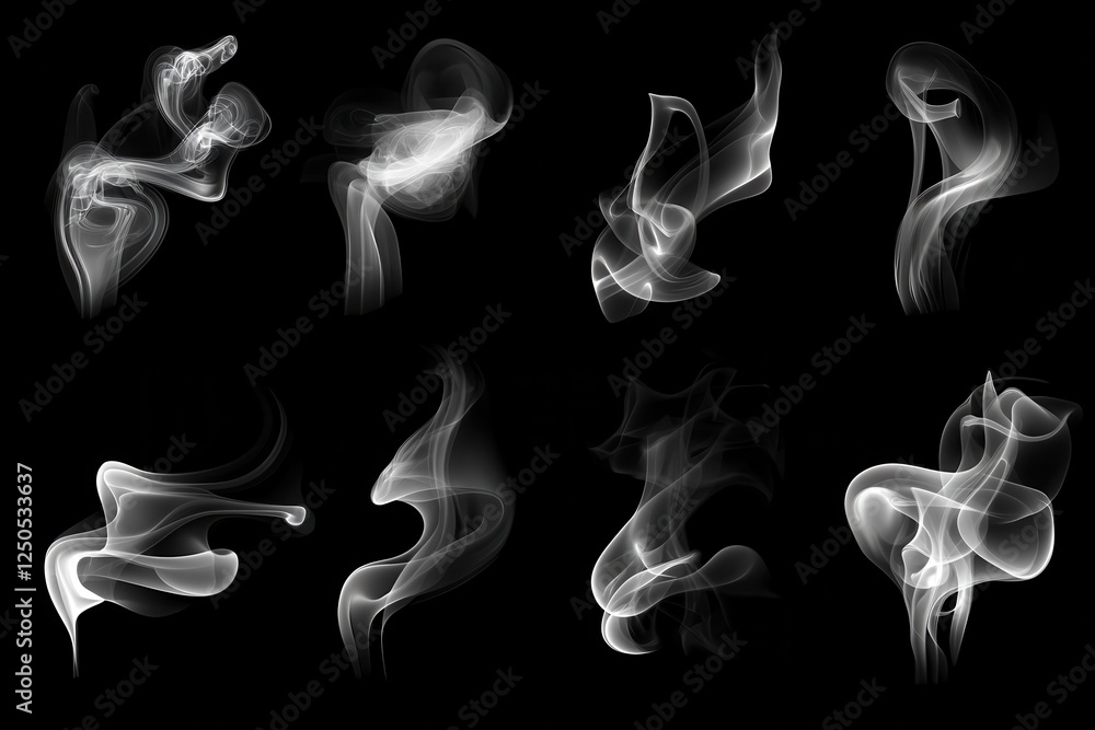 Fototapeta premium Realistic smoke effects for dark backgrounds in diverse shapes and styles for creative projects and atmospheric designs