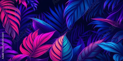 Mesmerizing fluorescent tropical leaves layout featuring vivid hues and vibrant energy, creating a futuristic nature-inspired textured background. Glowing botanical wallpaper concept